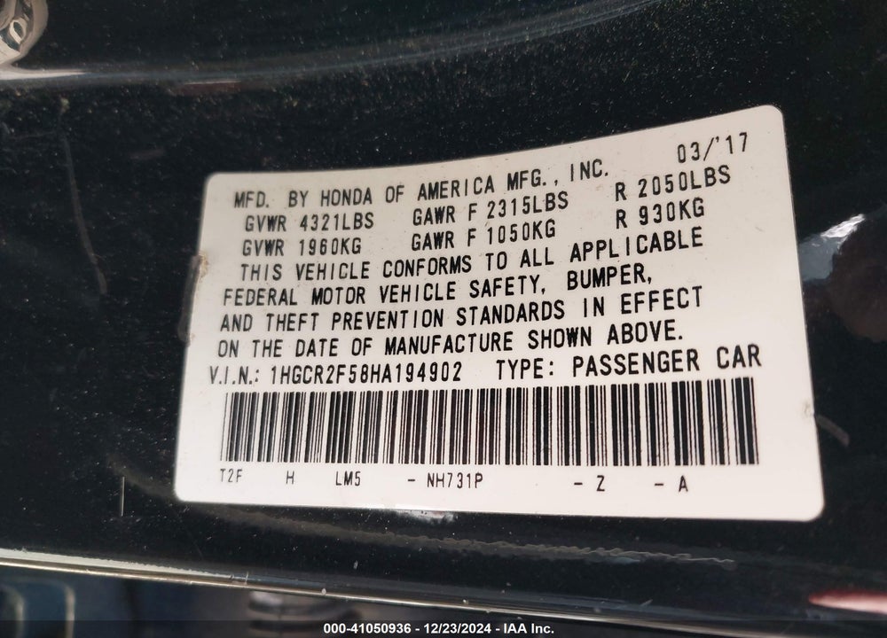 2017 HONDA ACCORD SPORT VIN: 1HGCR2F58HA194902