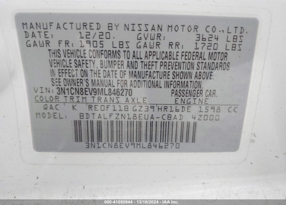 2021 NISSAN VERSA SV XTRONIC CVT VIN: 3N1CN8EV9ML846270