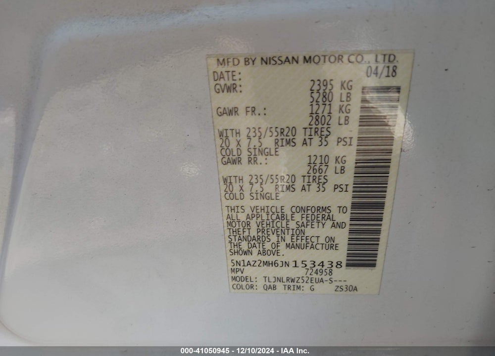 2018 NISSAN MURANO VIN: 5N1AZ2MH6JN153438
