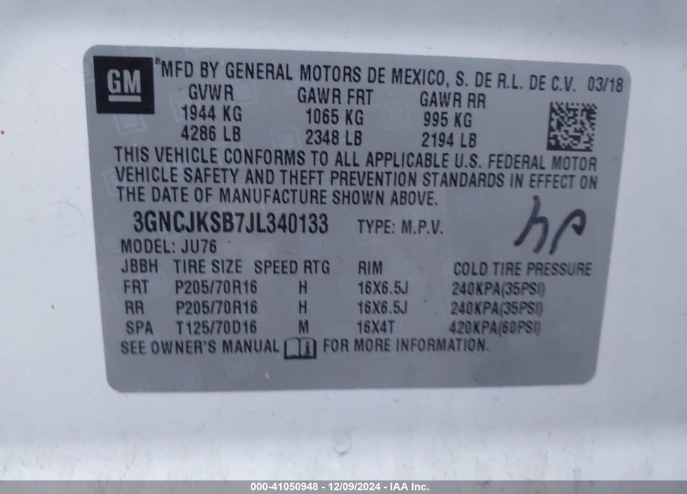 2018 CHEVROLET TRAX VIN: 3GNCJKSB7JL340133
