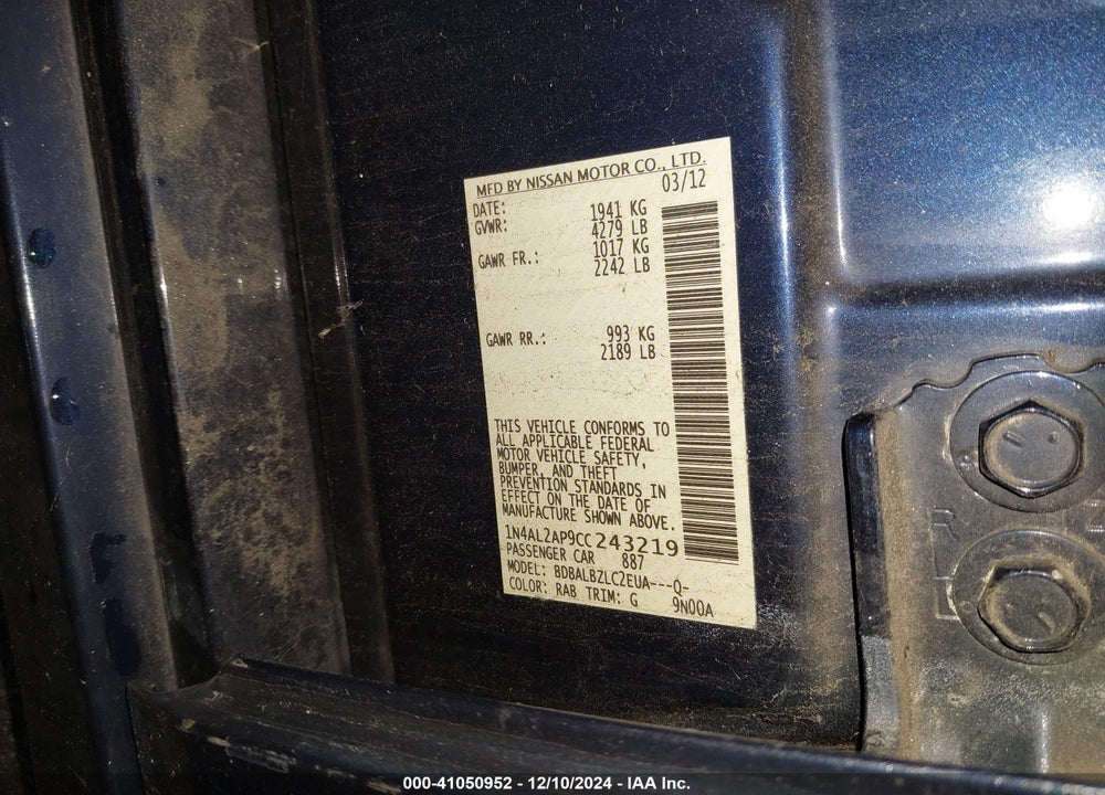 2012 NISSAN ALTIMA 2.5 S VIN: 1N4AL2AP9CC243219