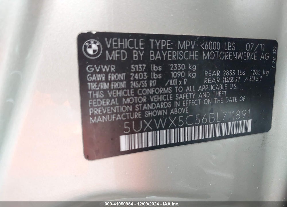 2011 BMW X3 XDRIVE28I VIN: 5UXWX5C56BL711891