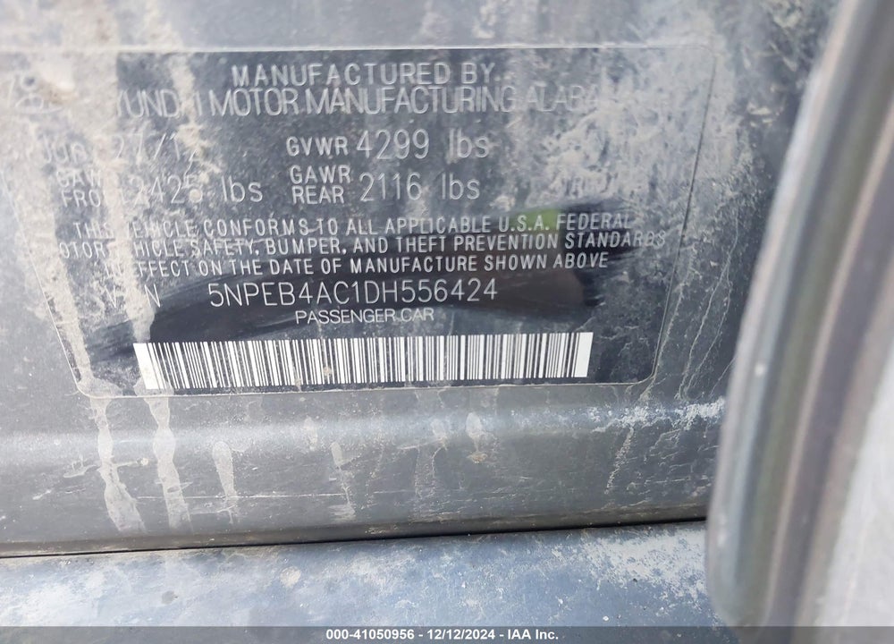 2013 HYUNDAI SONATA VIN: 5NPEB4AC1DH556424
