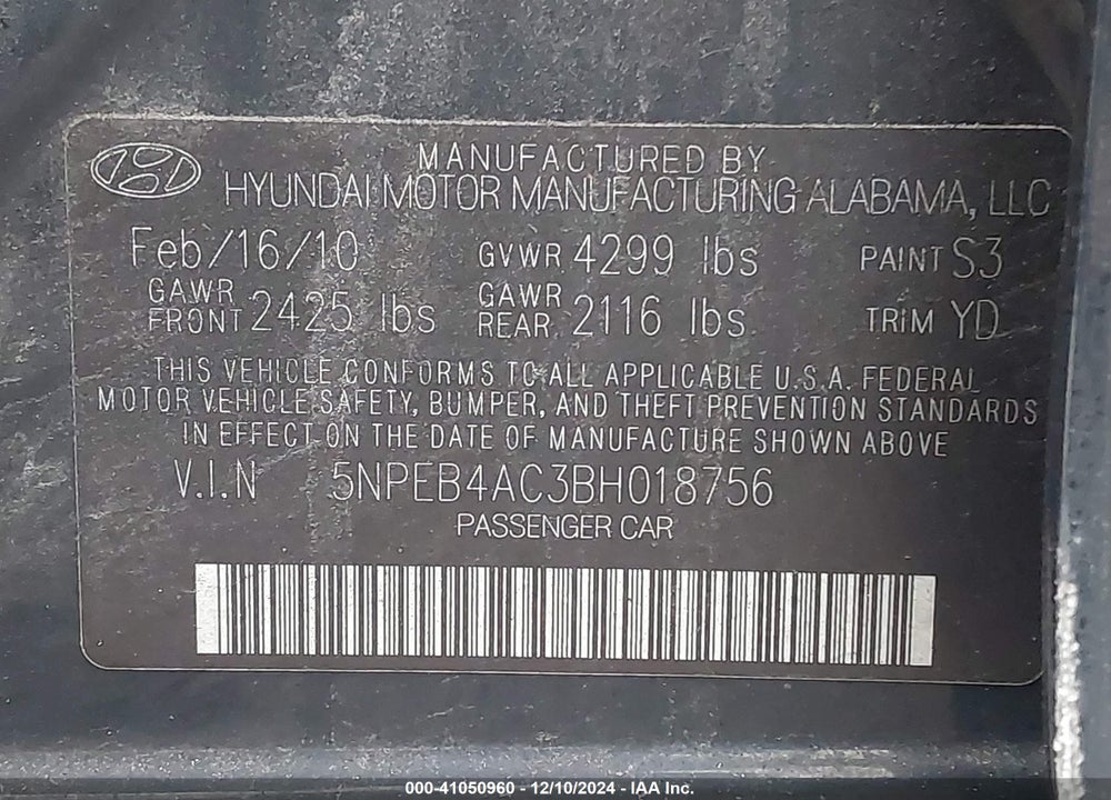 2011 HYUNDAI SONATA GLS VIN: 5NPEB4AC3BH018756