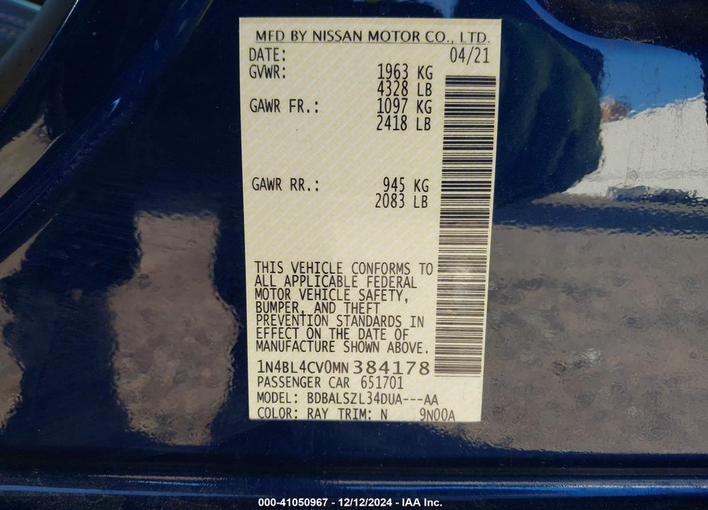 2021 NISSAN ALTIMA VIN: 1N4BL4CV0MN384178