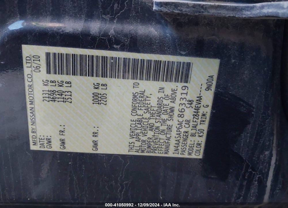 2010 NISSAN MAXIMA VIN: 1N4AA5AP6AC863319
