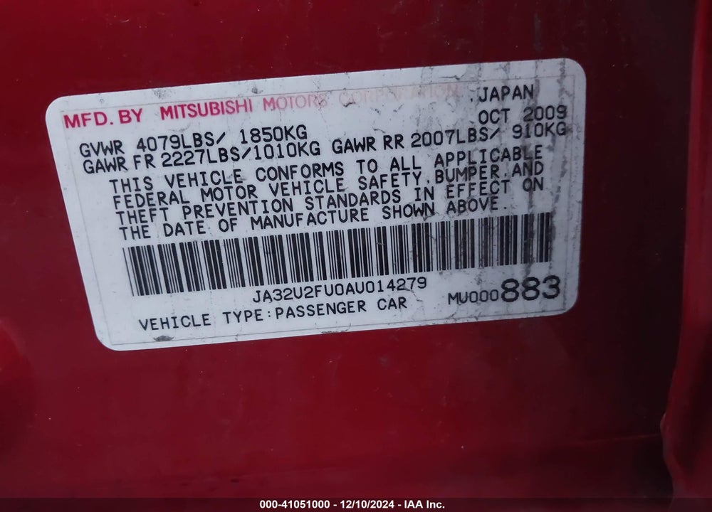 2010 MITSUBISHI LANCER ES VIN: JA32U2FU0AU014279