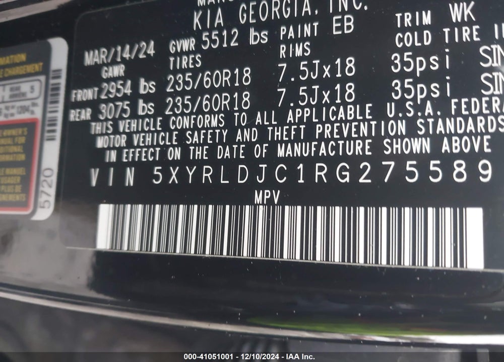 2024 KIA SORENTO S VIN: 5XYRLDJC1RG275589