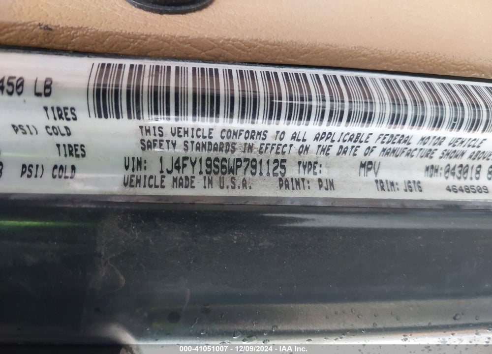 1998 JEEP WRANGLER SPORT VIN: 1J4FY19S6WP791125