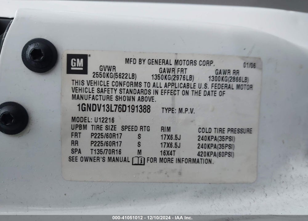 2006 CHEVROLET UPLANDER CARGO VIN: 1GNDV13L76D191388