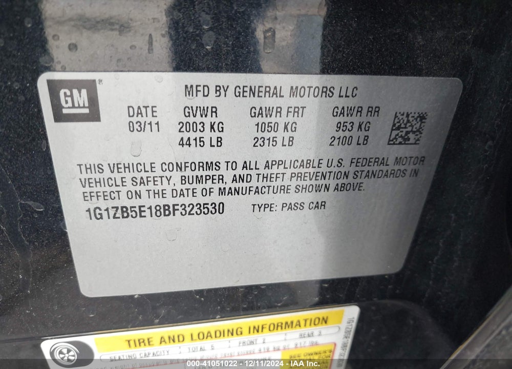 2011 CHEVROLET MALIBU LS VIN: 1G1ZB5E18BF323530