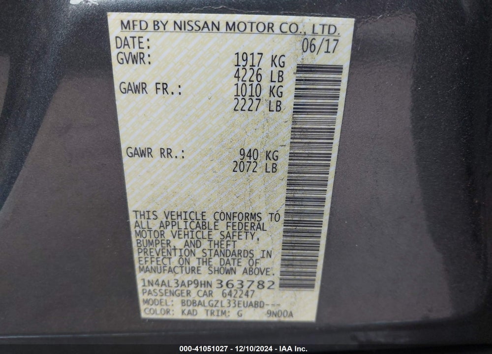 2017 NISSAN ALTIMA VIN: 1N4AL3AP9HN363782