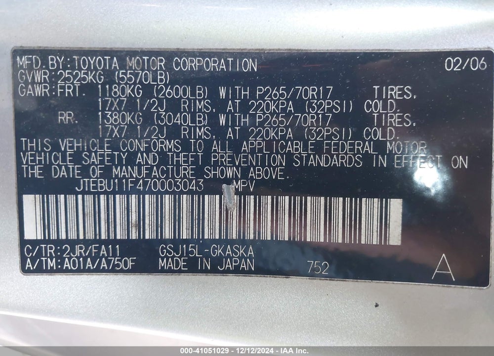 2007 TOYOTA FJ CRUISER VIN: JTEBU11F470003043