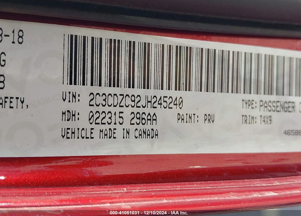 2018 DODGE CHALLENGER VIN: 2C3CDZC92JH245240