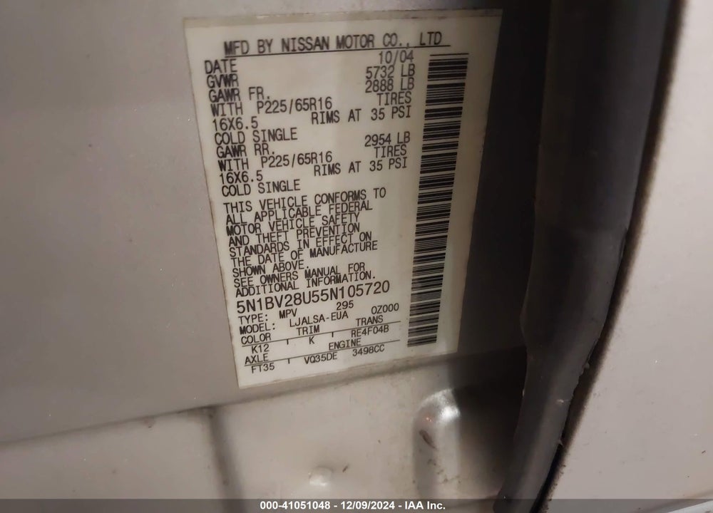 2005 NISSAN QUEST 3.5 VIN: 5N1BV28U55N105720