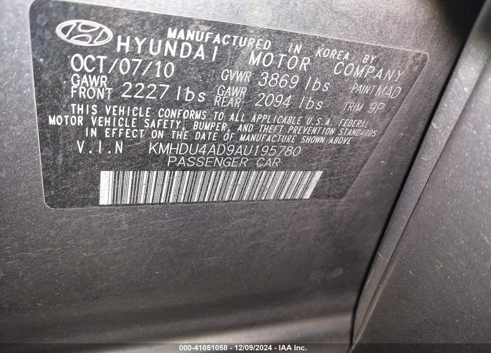 2010 HYUNDAI ELANTRA VIN: KMHDU4AD9AU195780