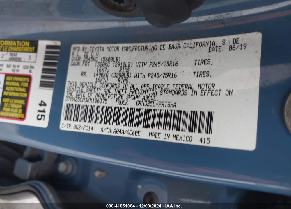 2019 TOYOTA TACOMA SR5 V6 VIN: 3TMAZ5CN3KM106375