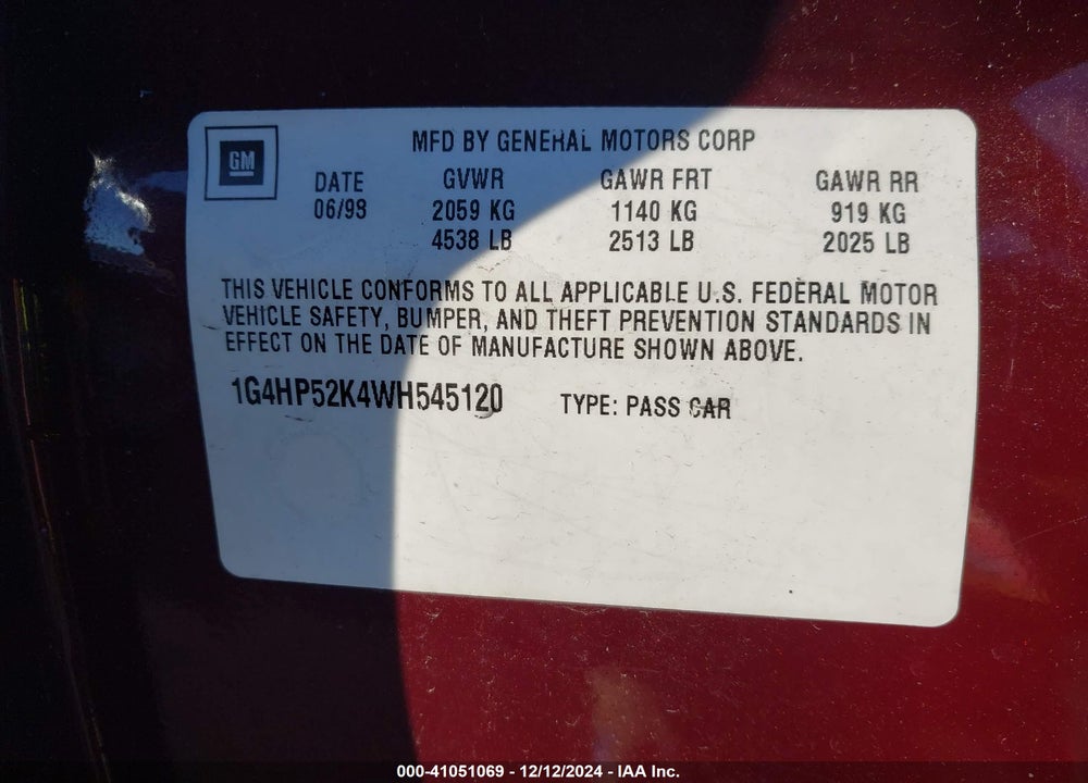 1998 BUICK LESABRE CUSTOM VIN: 1G4HP52K4WH545120