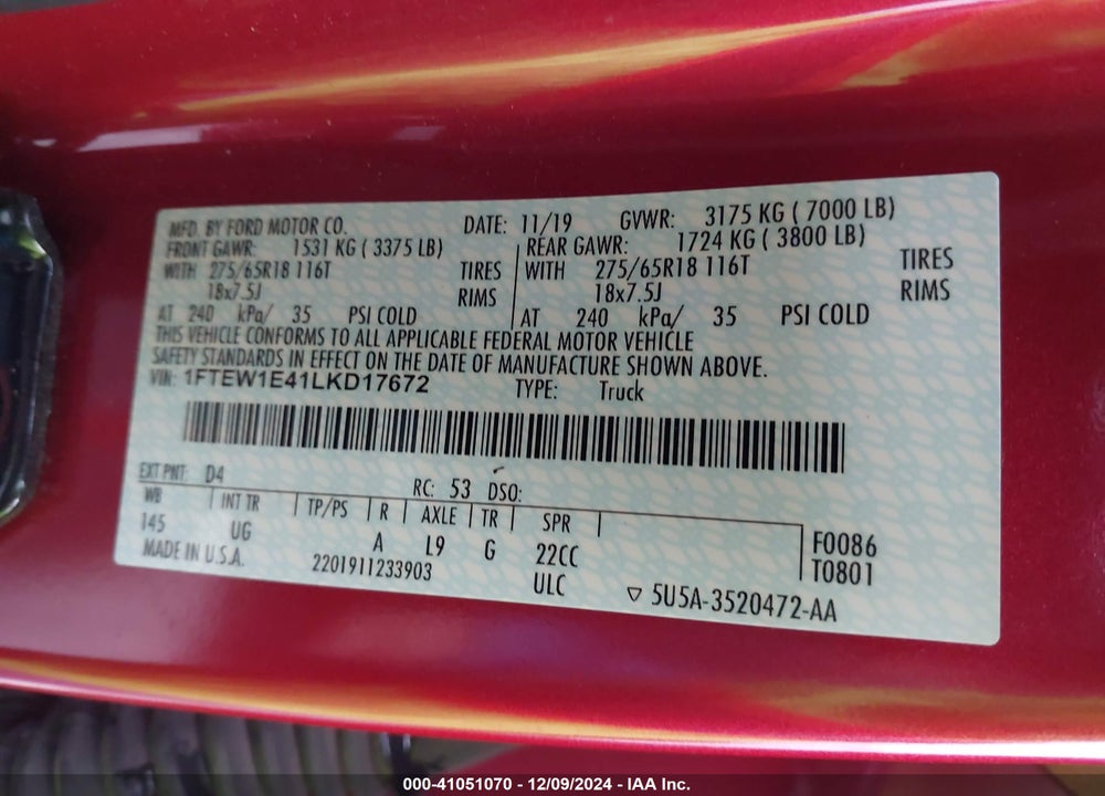 2020 FORD F-150 XLT VIN: 1FTEW1E41LKD17672