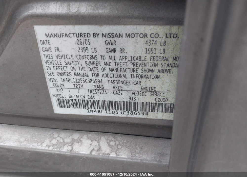 2005 NISSAN ALTIMA 3.5 SE VIN: 1N4BL11D55C386594