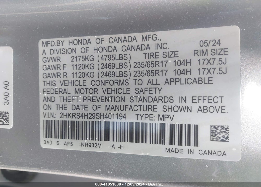 2025 HONDA CR-V LX AWD VIN: 2HKRS4H29SH401194