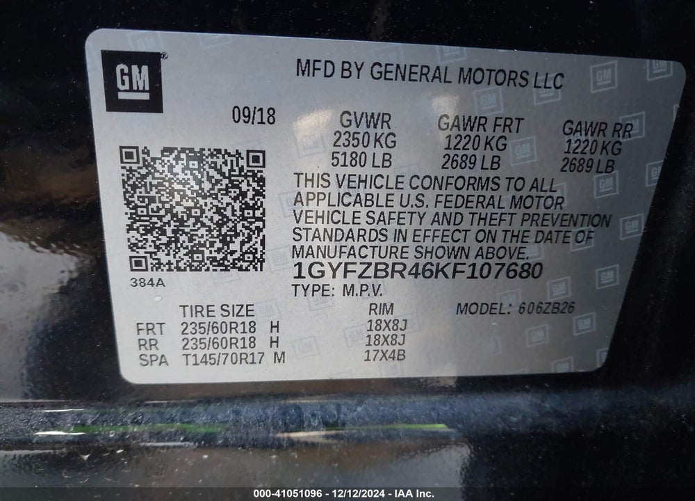 2019 CADILLAC XT4 LUXURY VIN: 1GYFZBR46KF107680