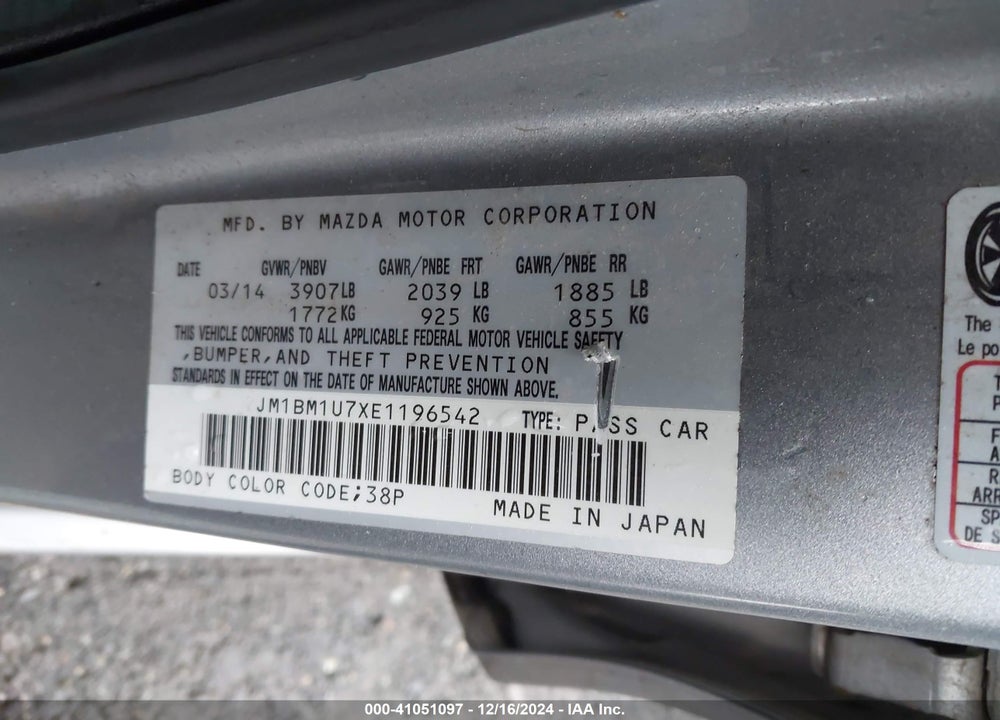 2014 MAZDA MAZDA3 VIN: JM1BM1U7XE1196542