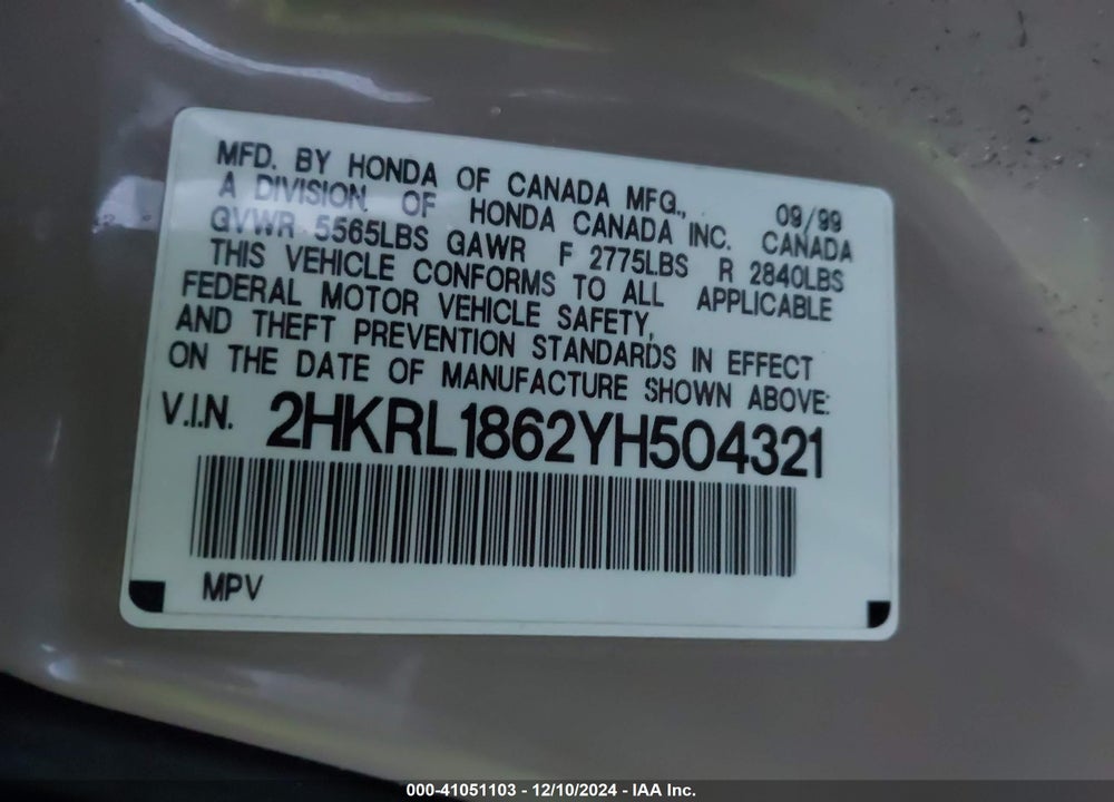 2000 HONDA ODYSSEY EX VIN: 2HKRL1862YH504321