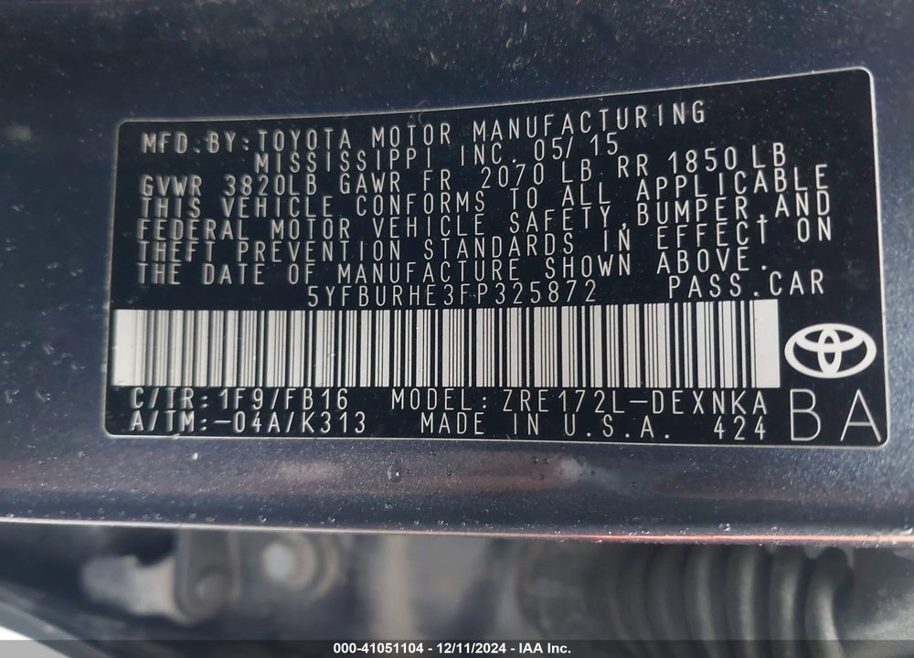 2015 TOYOTA COROLLA LE VIN: 5YFBURHE3FP325872