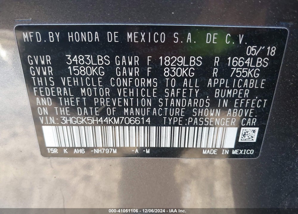2019 HONDA FIT VIN: 3HGGK5H44KM706614