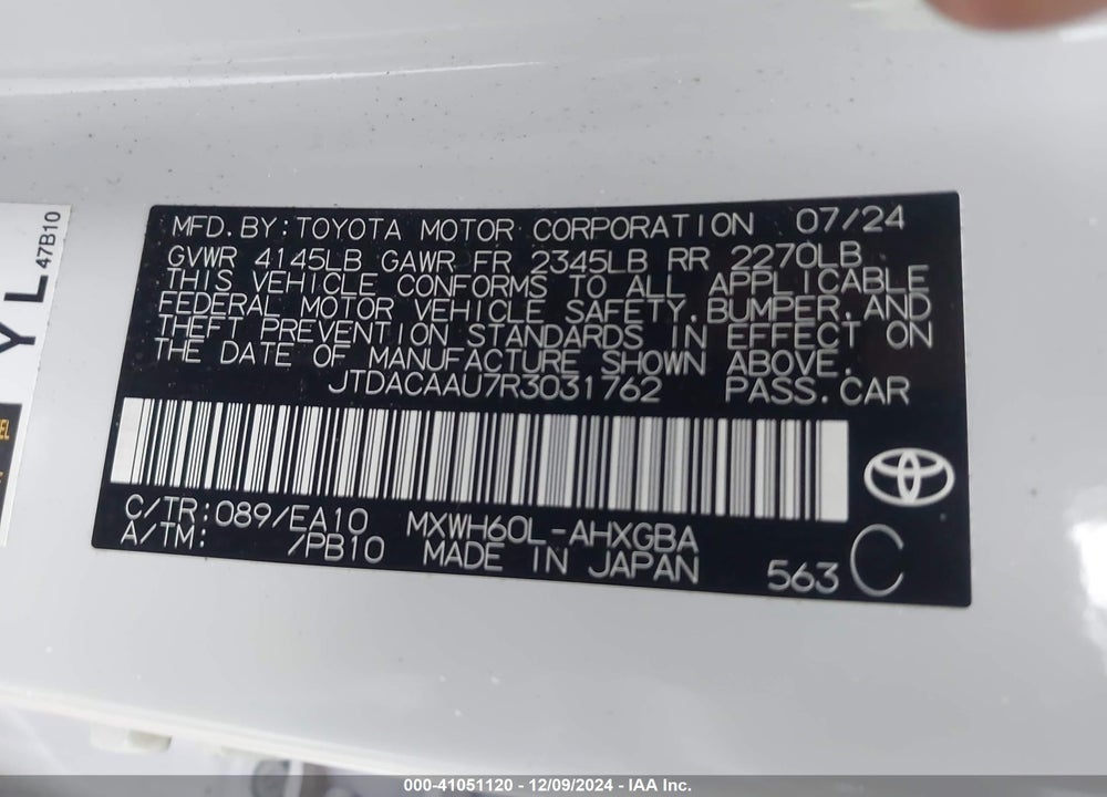 2024 TOYOTA PRIUS VIN: JTDACAAU7R3031762