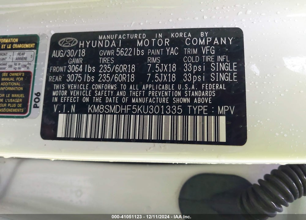 2019 HYUNDAI SANTA FE XL SE VIN: KM8SMDHF5KU301335