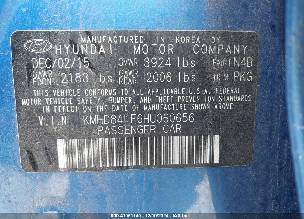 2017 HYUNDAI ELANTRA SE VIN: KMHD84LF6HU060656