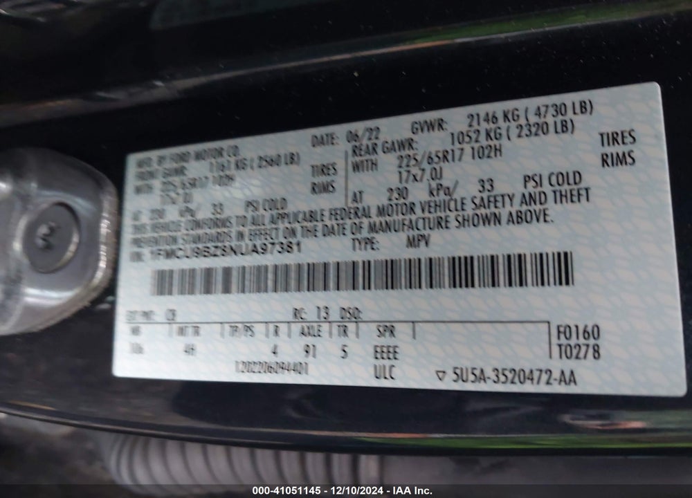 2022 FORD ESCAPE SE HYBRID VIN: 1FMCU9BZ8NUA97381