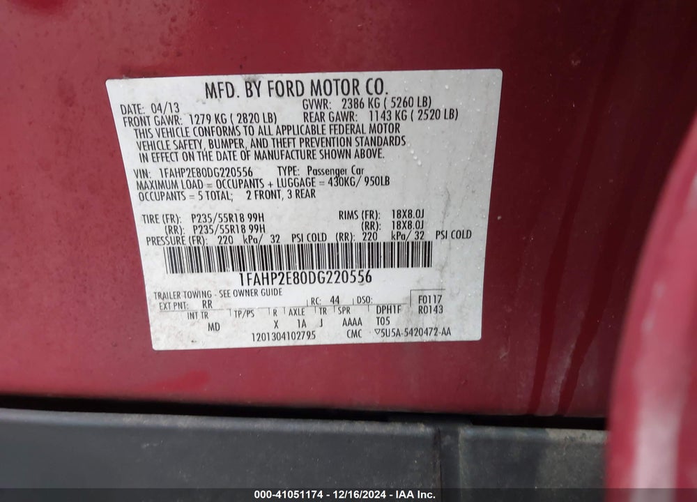 2013 FORD TAURUS SEL VIN: 1FAHP2E80DG220556