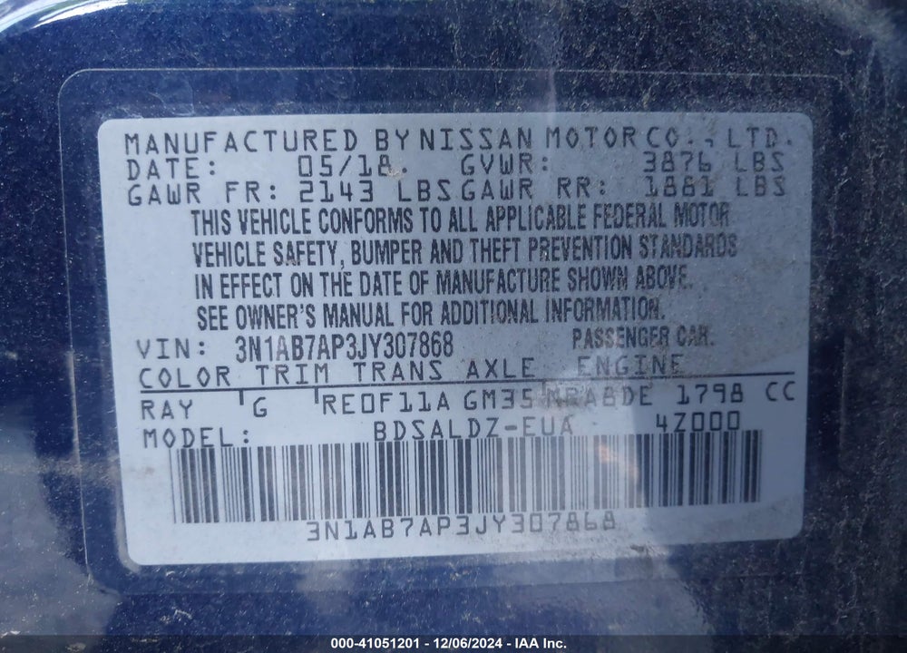 2018 NISSAN SENTRA VIN: 3N1AB7AP3JY307868
