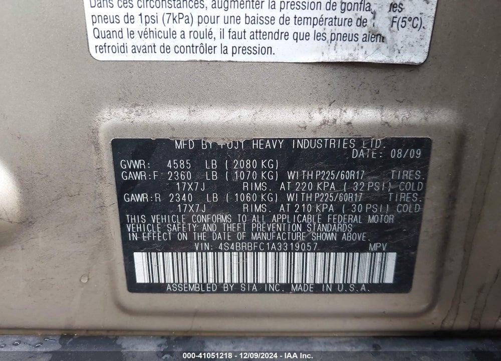 2010 SUBARU OUTBACK 2.5I PREMIUM VIN: 4S4BRBFC1A3319057