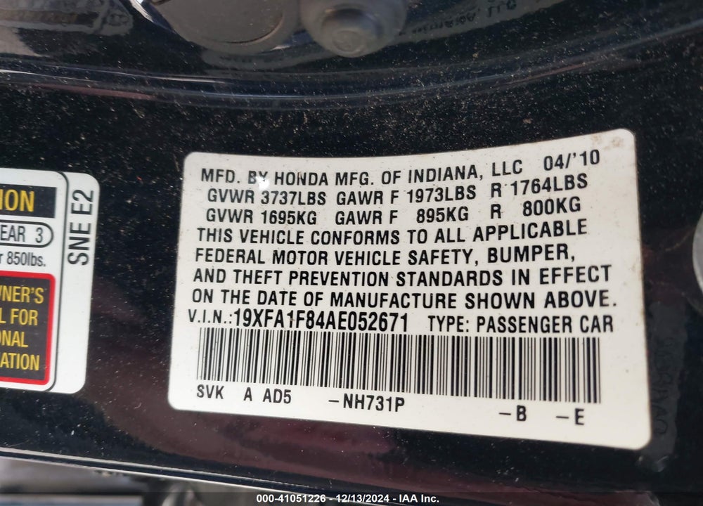 2010 HONDA CIVIC EX VIN: 19XFA1F84AE052671