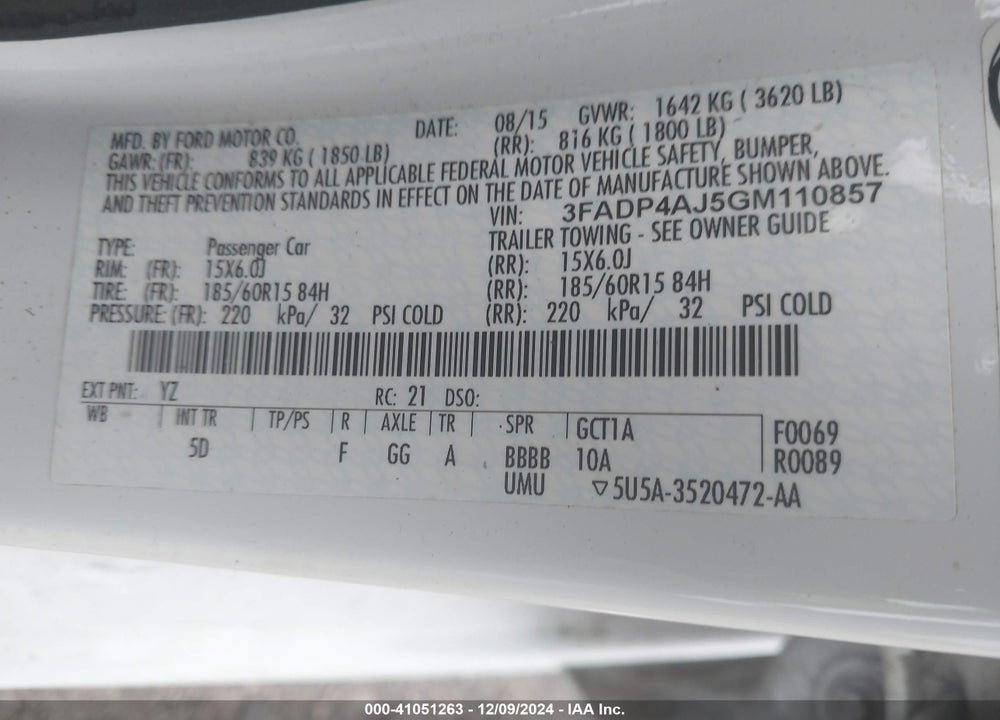 2016 FORD FIESTA S VIN: 3FADP4AJ5GM110857