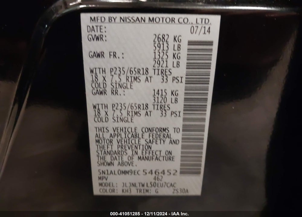 2014 INFINITI QX60 VIN: 5N1AL0MM9EC546452