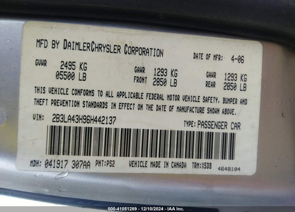2006 DODGE CHARGER VIN: 2B3LA43H96H442137