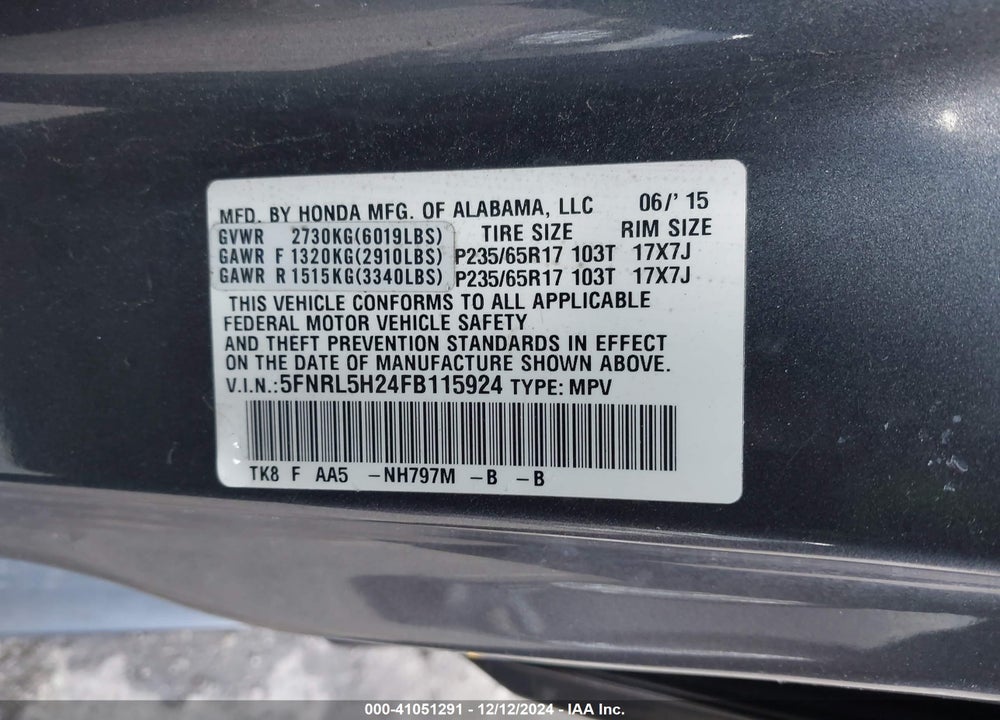 2015 HONDA ODYSSEY LX VIN: 5FNRL5H24FB115924