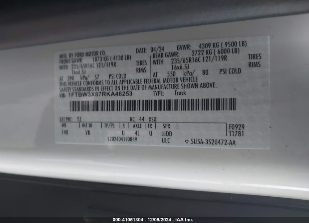 2024 FORD TRANSIT-350 CARGO VAN VIN: 1FTBW3X87RKA46253
