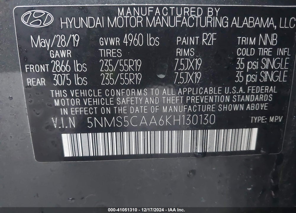 2019 HYUNDAI SANTA FE ULTIMATE 2.0T VIN: 5NMS5CAA6KH130130