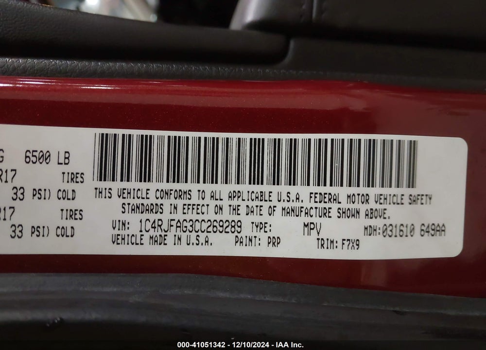2012 JEEP GRAND CHEROKEE LAREDO VIN: 1C4RJFAG3CC269289
