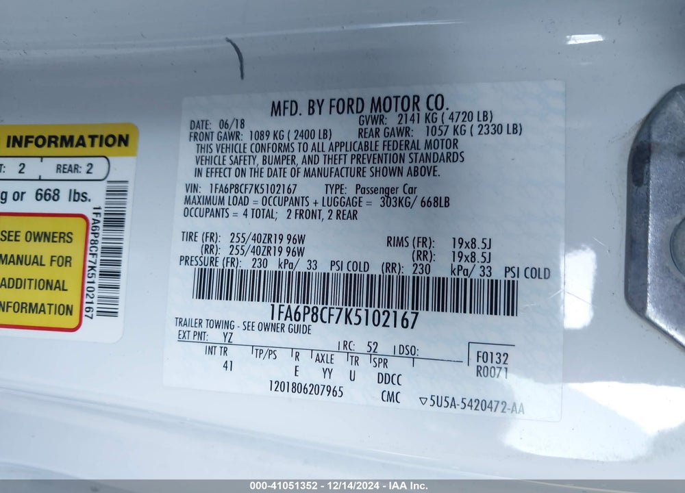 2019 FORD MUSTANG VIN: 1FA6P8CF7K5102167