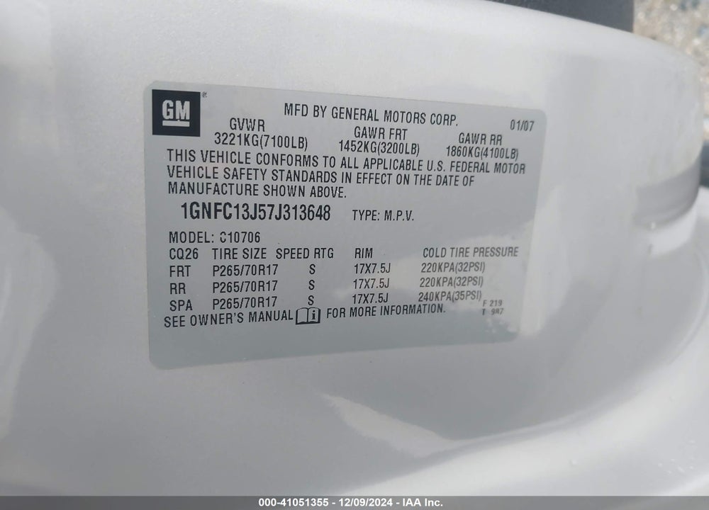 2007 CHEVROLET TAHOE LT VIN: 1GNFC13J57J313648