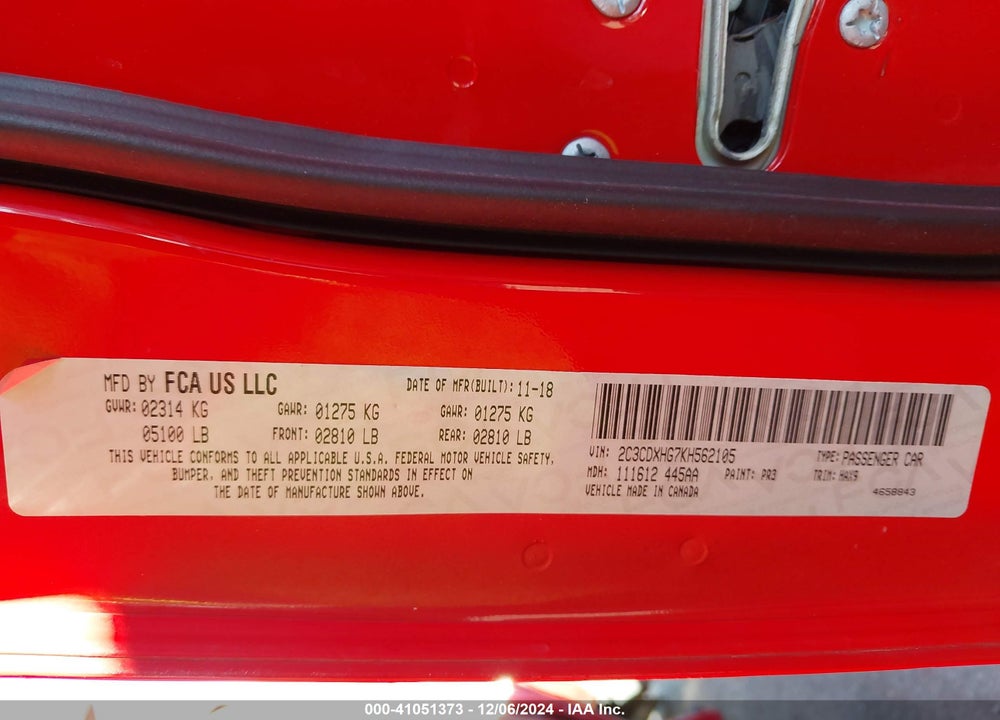 2019 DODGE CHARGER VIN: 2C3CDXHG7KH562105