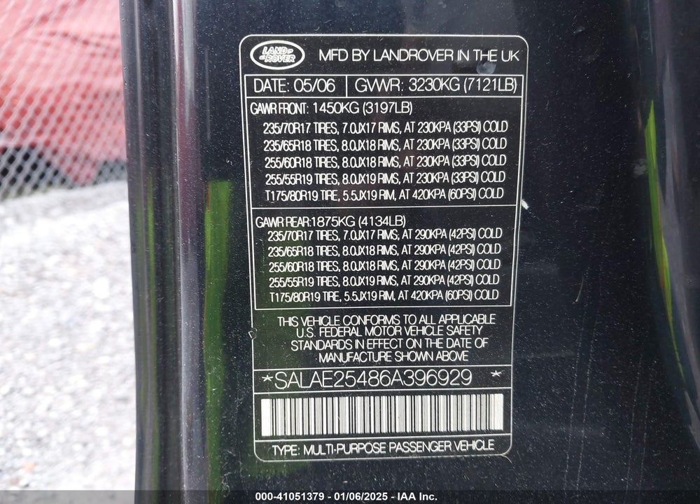 2006 LAND ROVER LR3 V8 SE VIN: SALAE25486A396929