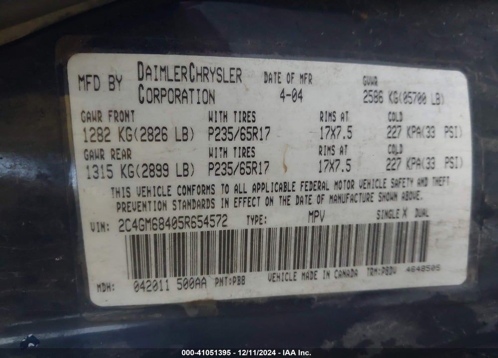 2005 CHRYSLER PACIFICA TOURING VIN: 2C4GM68405R654572